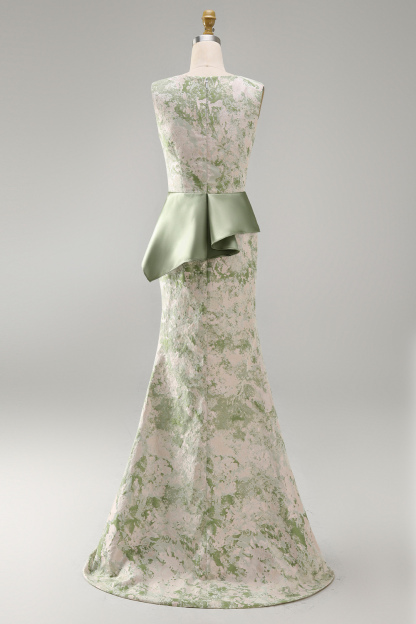 Light Green Mermaid Maxi Boat Neck Floral Formal Dress with Drape