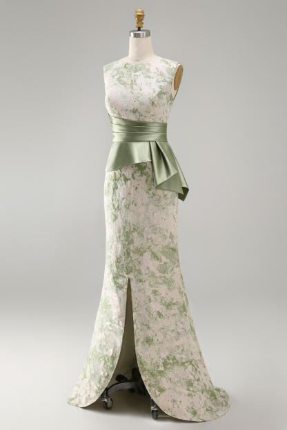 Light Green Mermaid Maxi Boat Neck Floral Formal Dress with Drape