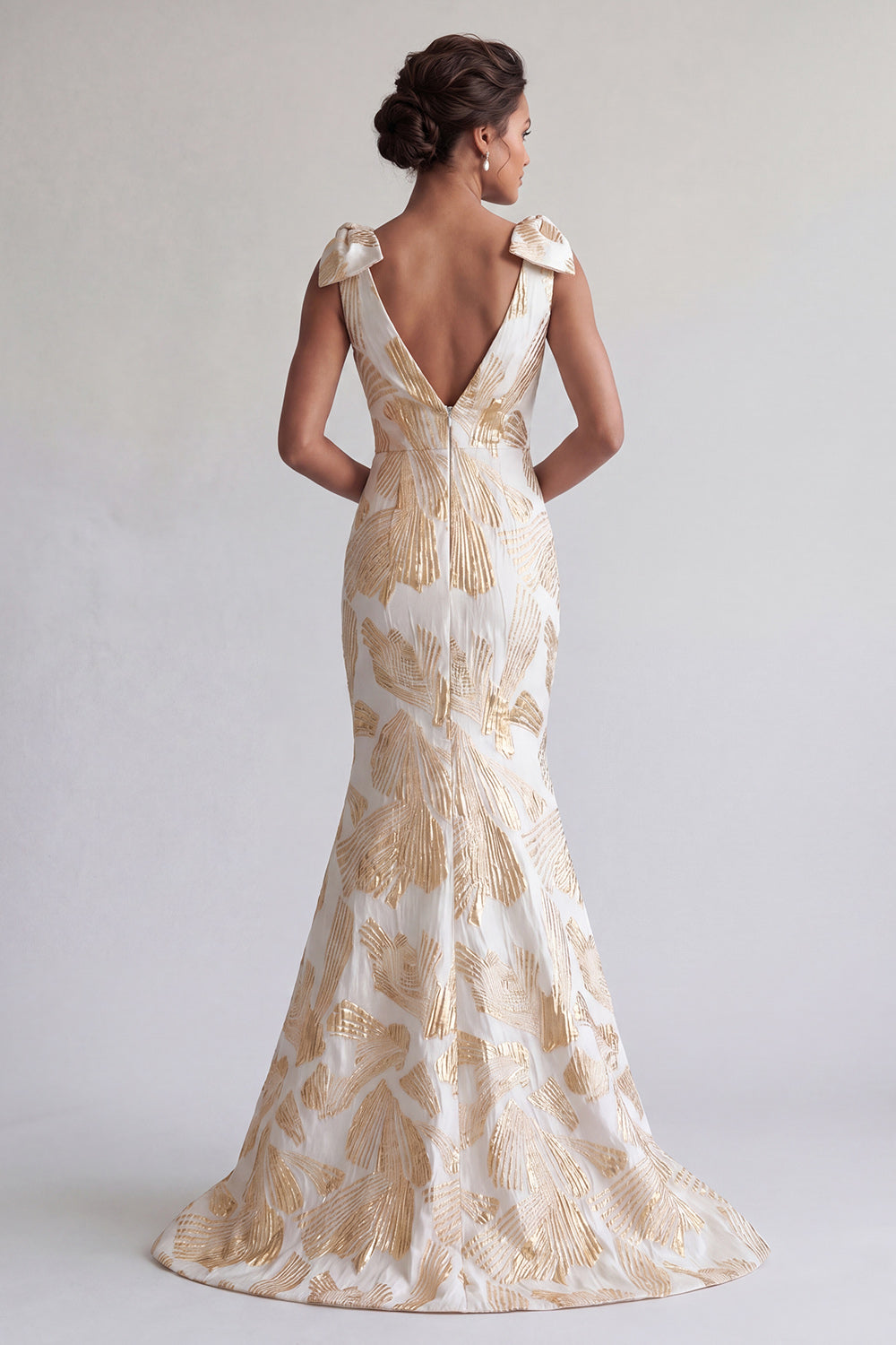 Champagne Mermaid Maxi V-Neck Floral Formal Dress with Bows