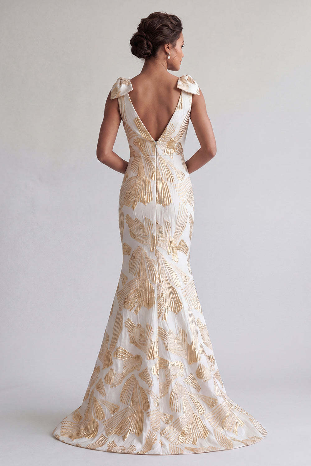 Champagne Mermaid Maxi V-Neck Floral Formal Dress with Bows