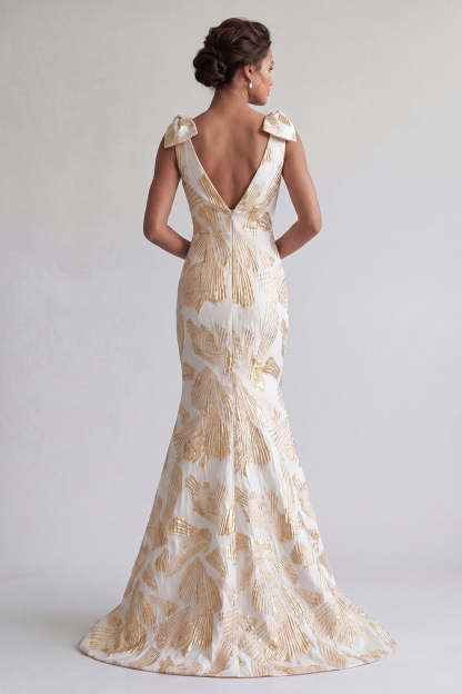 Champagne Mermaid Maxi V-Neck Floral Formal Dress with Bows