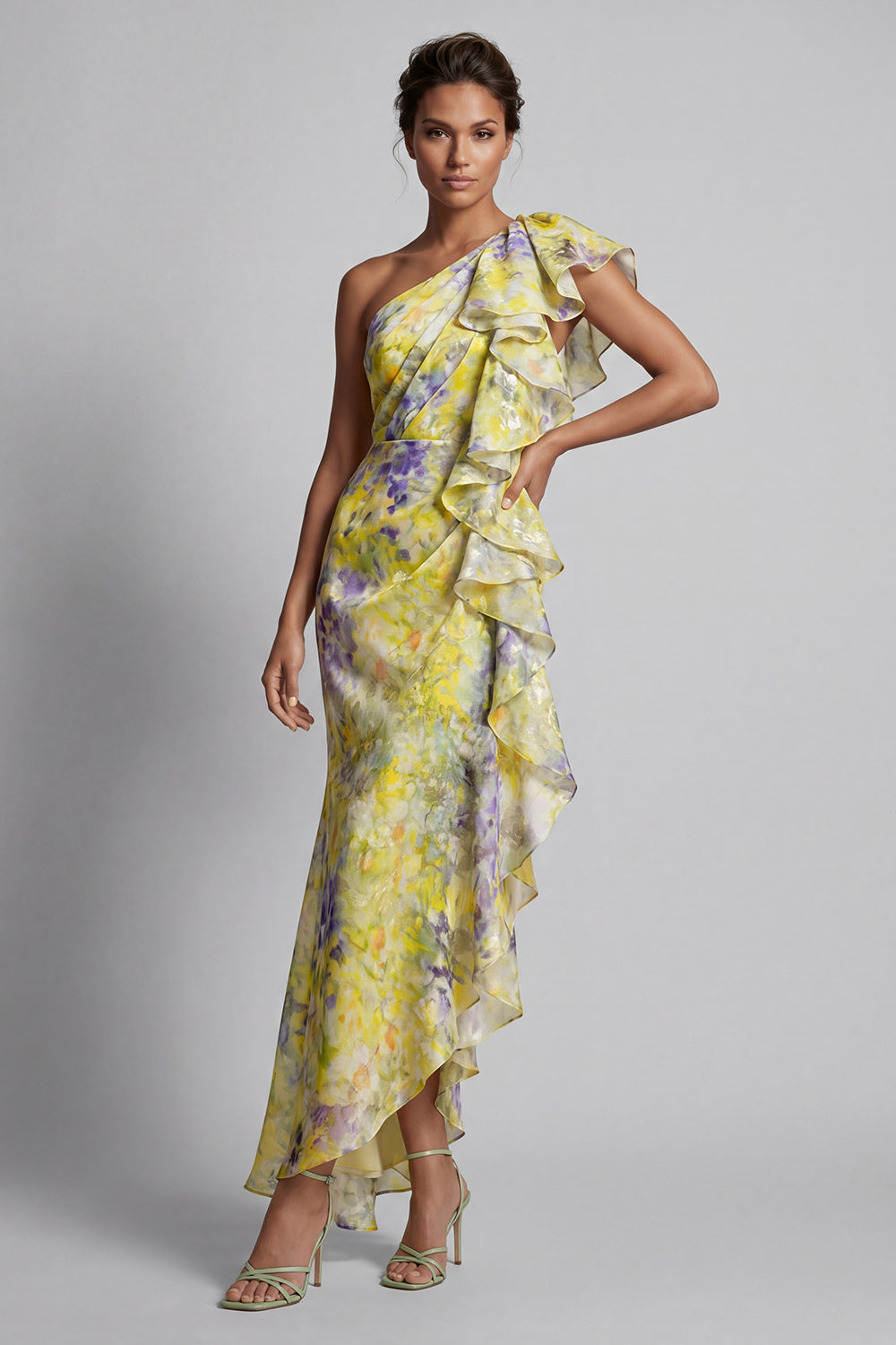 Yellow One Shoulder Floral Sheath Maxi Wedding Guest Dress with Ruffles