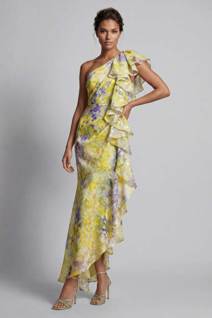 Leely Women Yellow Floral Sheath Long Wedding Guest Dress with Ruffles One Shoulder Sleeveless Garden Party Dress
