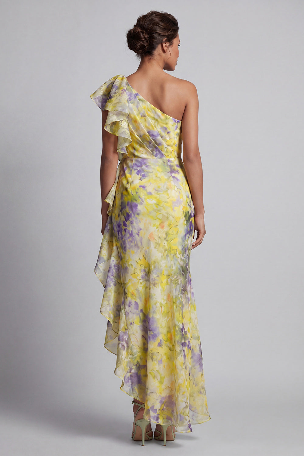 Yellow One Shoulder Floral Sheath Maxi Wedding Guest Dress with Ruffles