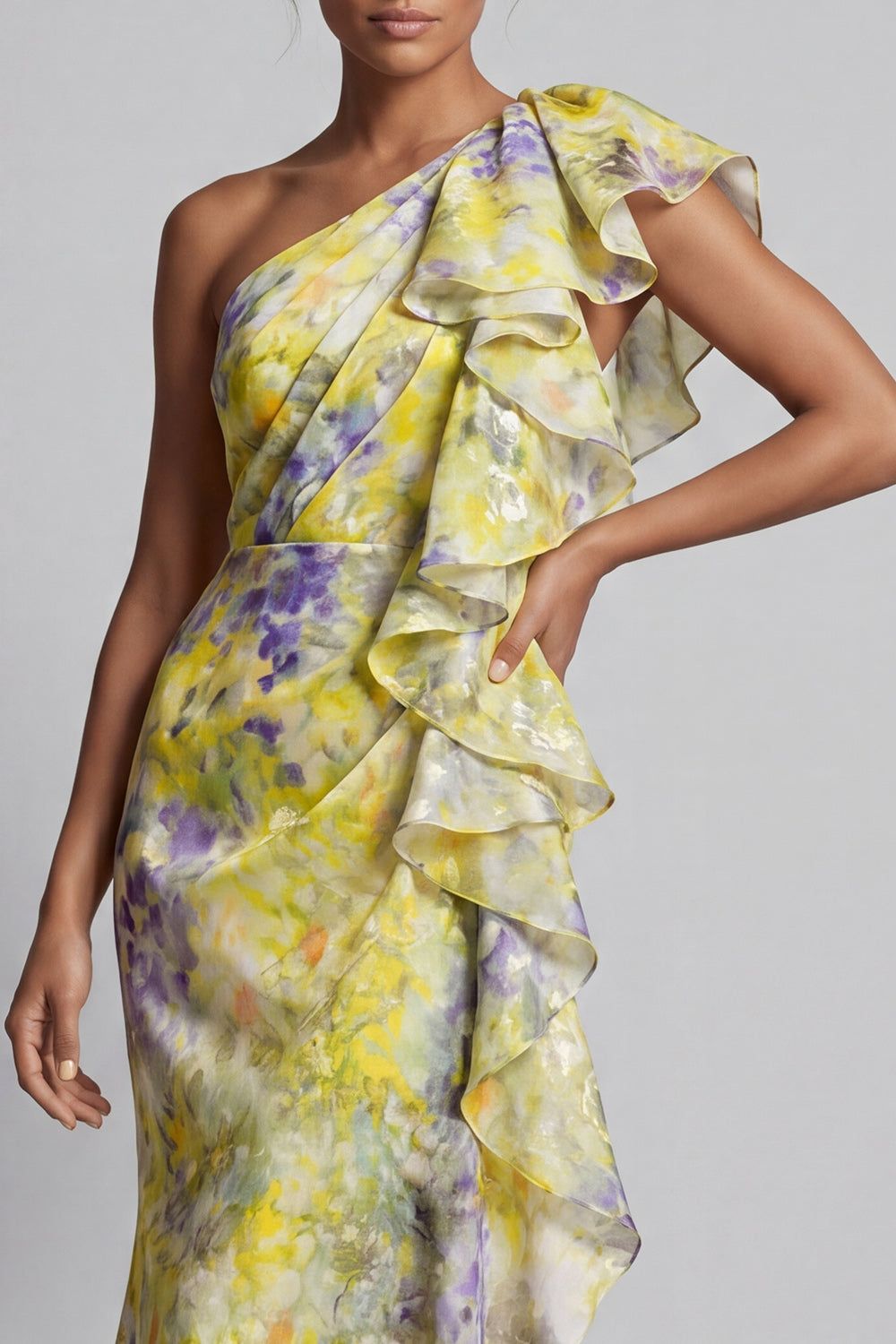 Yellow One Shoulder Floral Sheath Maxi Wedding Guest Dress with Ruffles