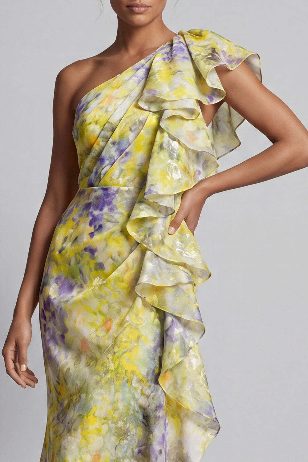 Yellow One Shoulder Floral Sheath Maxi Wedding Guest Dress with Ruffles