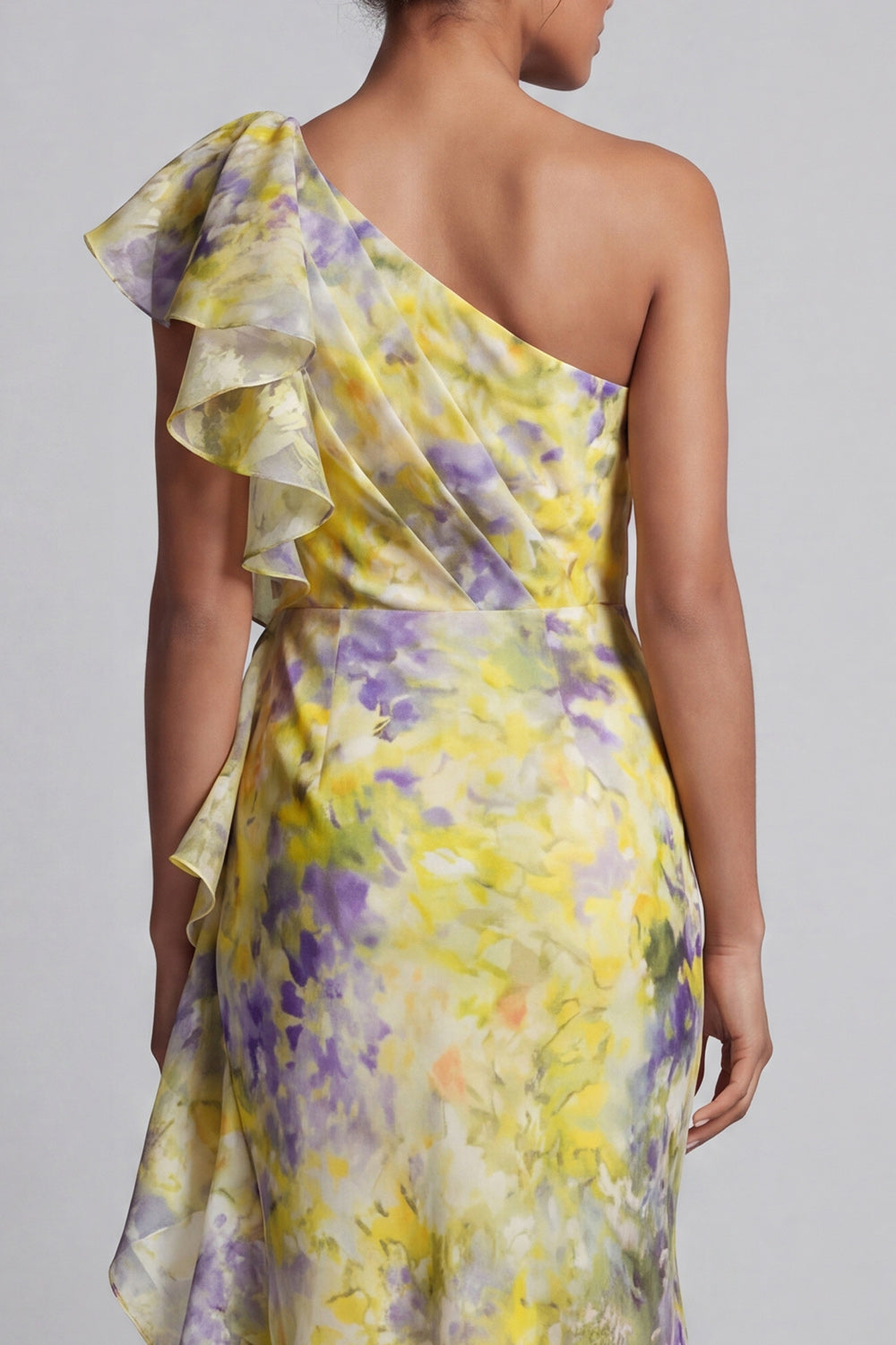 Yellow One Shoulder Floral Sheath Maxi Wedding Guest Dress with Ruffles