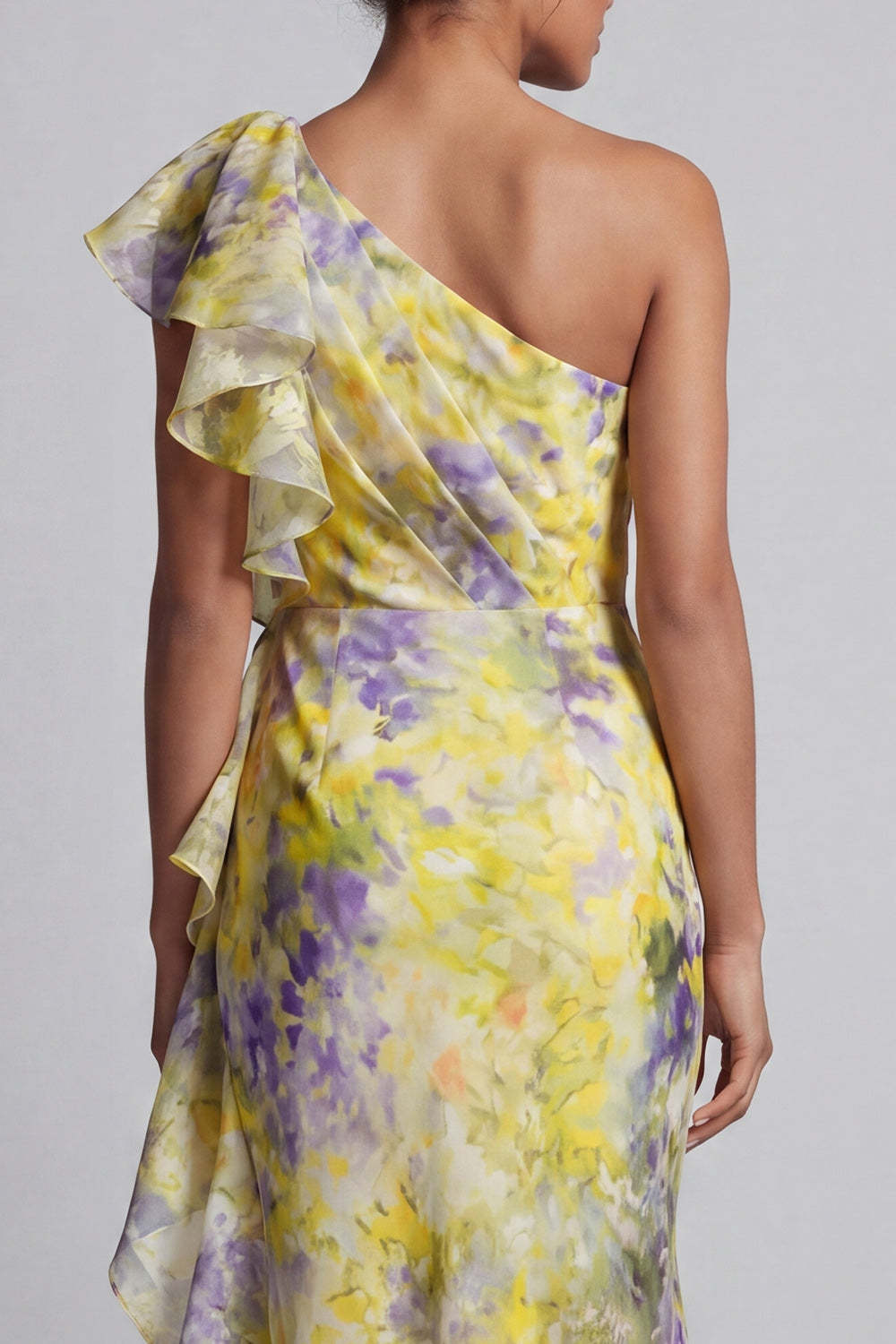 Yellow One Shoulder Floral Sheath Maxi Wedding Guest Dress with Ruffles