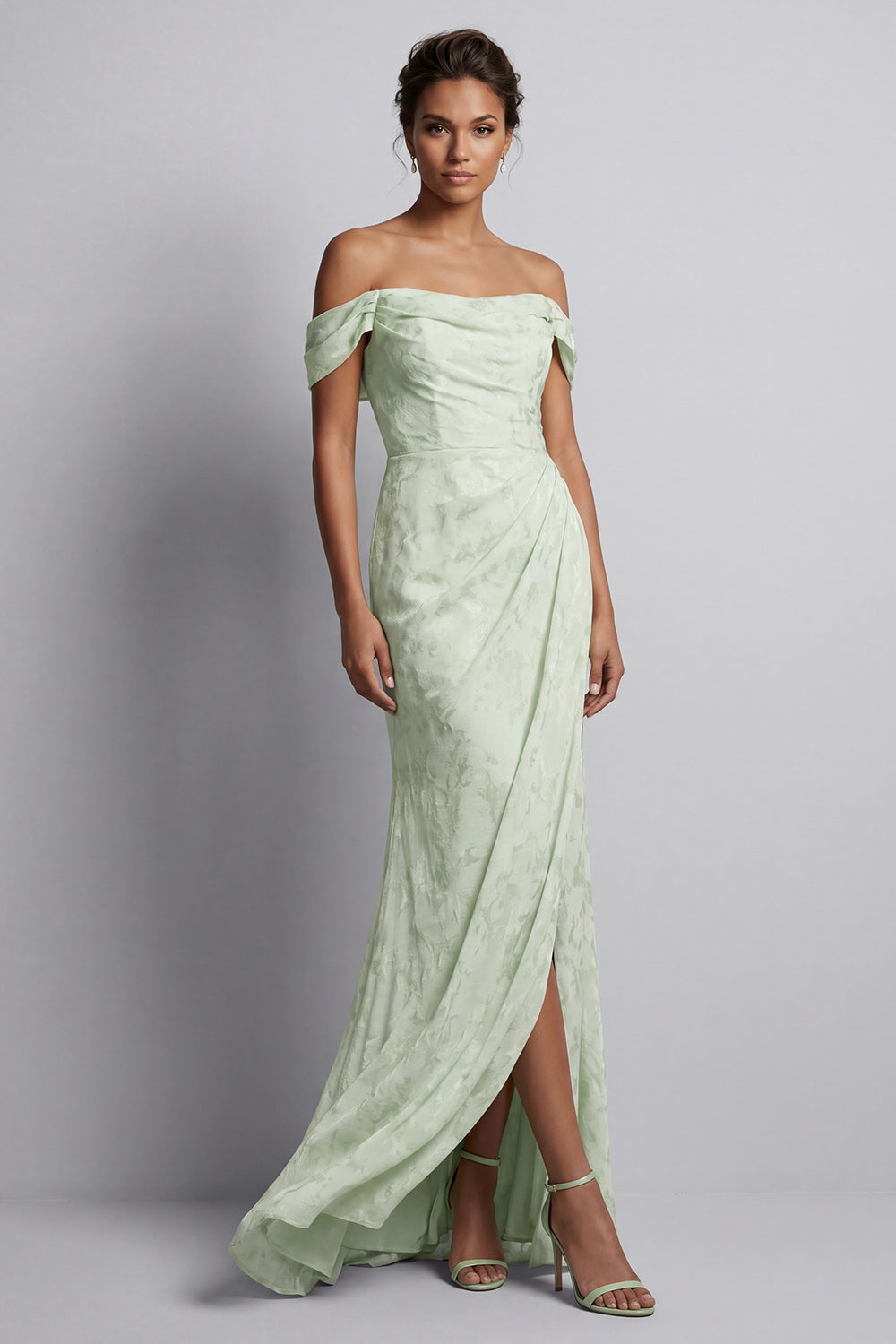 Leely Women Light Green Floral Mermaid Long Wedding Guest Dress with Slit Off the Shoulder Sleeveless Garden Party Dress