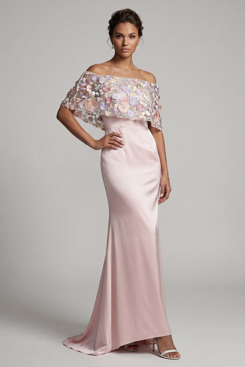 Blush Appliqued Off the Shoulder Mermaid Maxi Formal Dress with Cape