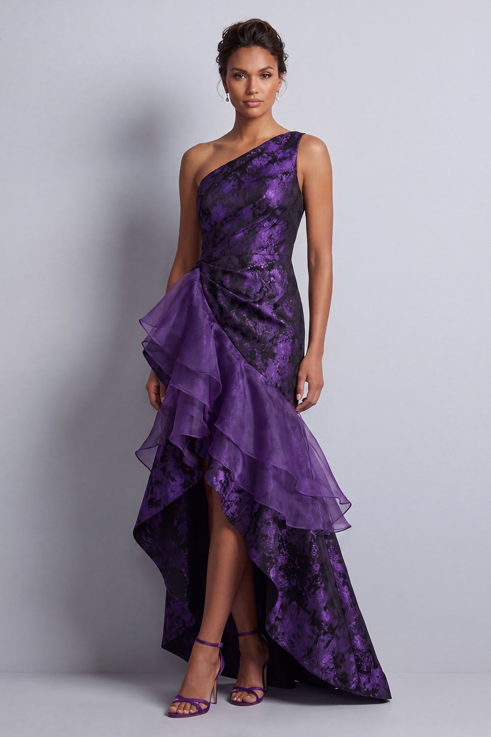 Dark Purple One Shoulder Mermaid Maxi Floral Formal Dress with Ruffles