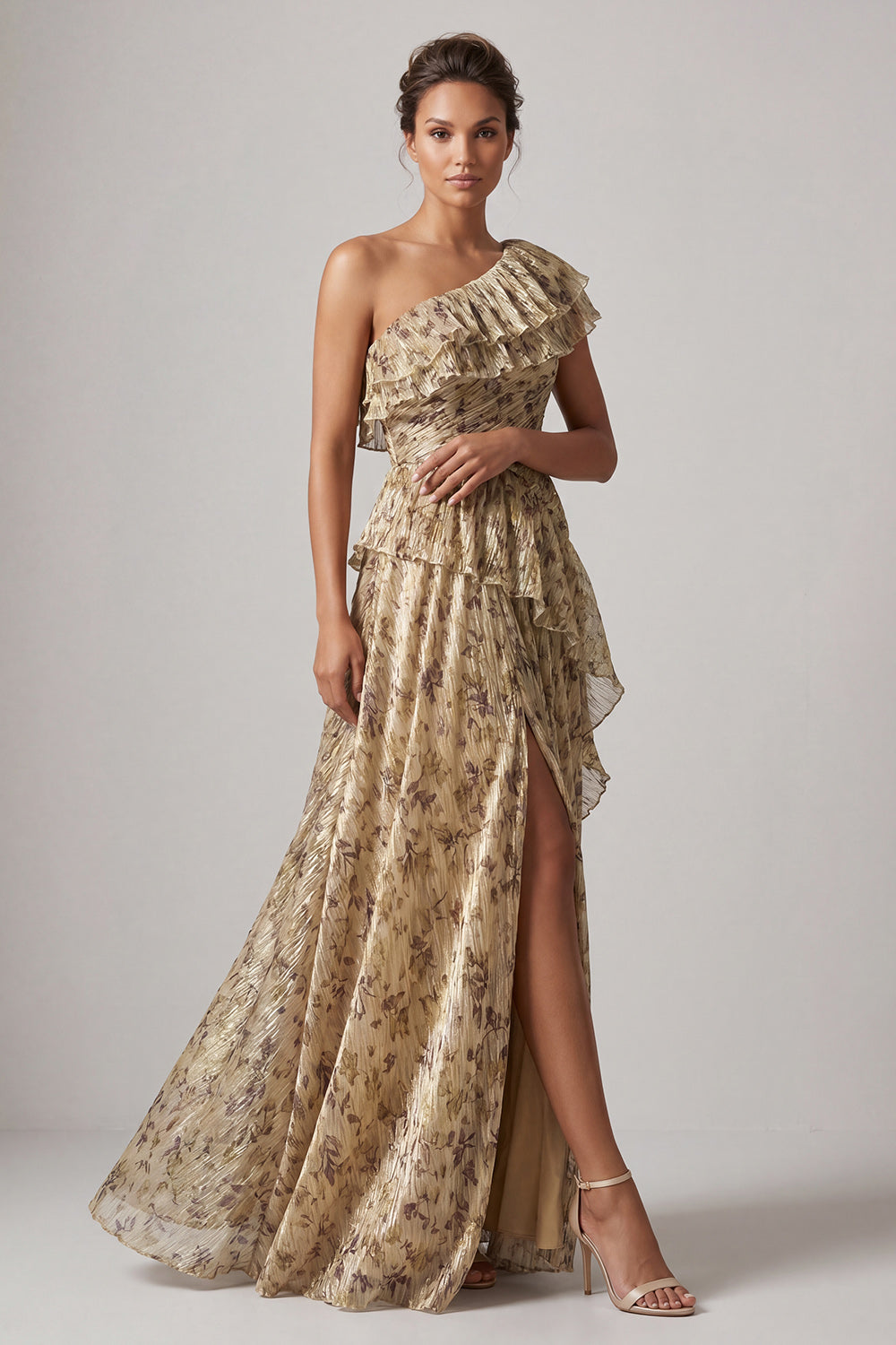 Champagne Ruffled One Shoulder A Line Maxi Floral Formal Dress with Slit