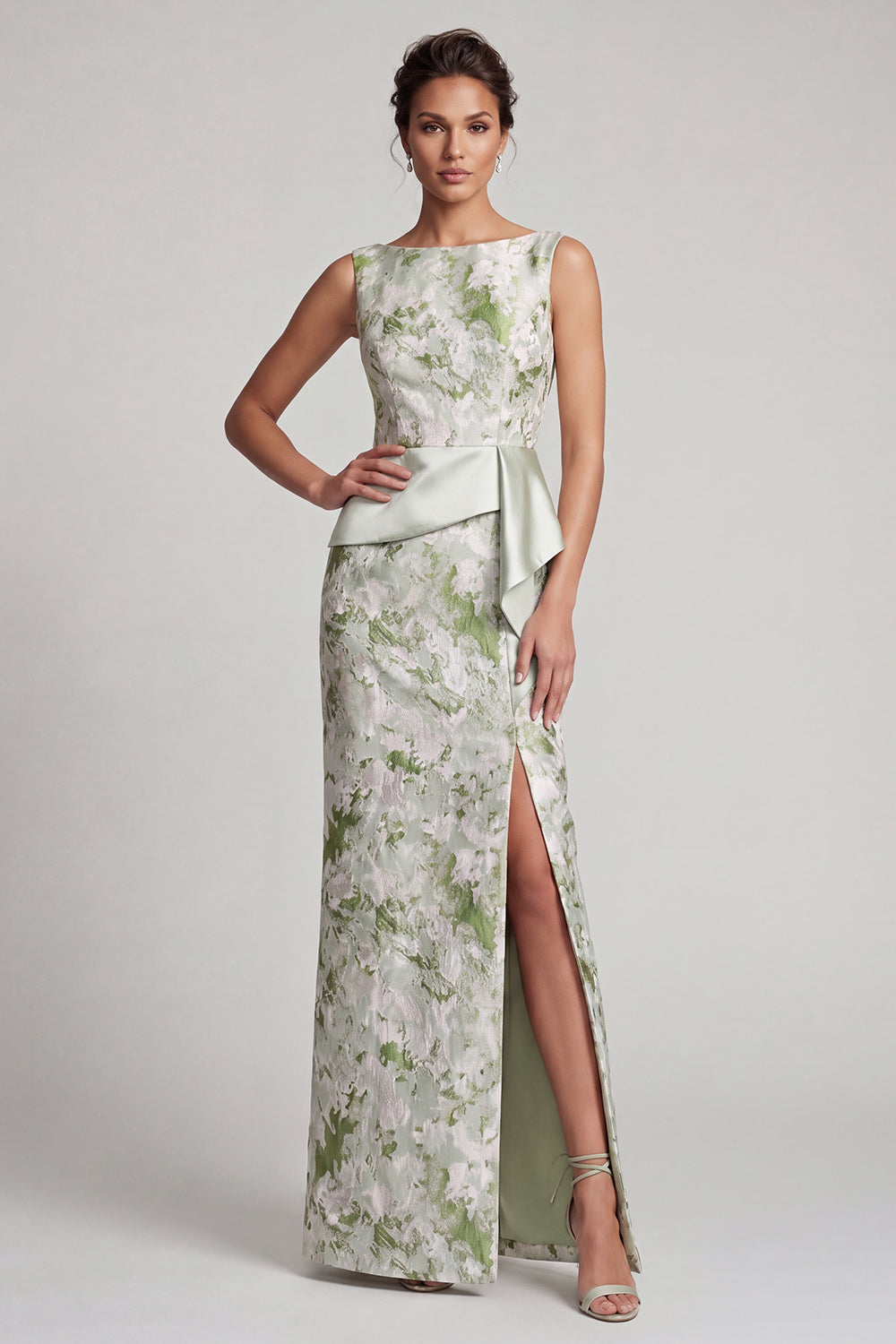 Light Green Mermaid Maxi Floral Sleeveless Formal Dress with Slit