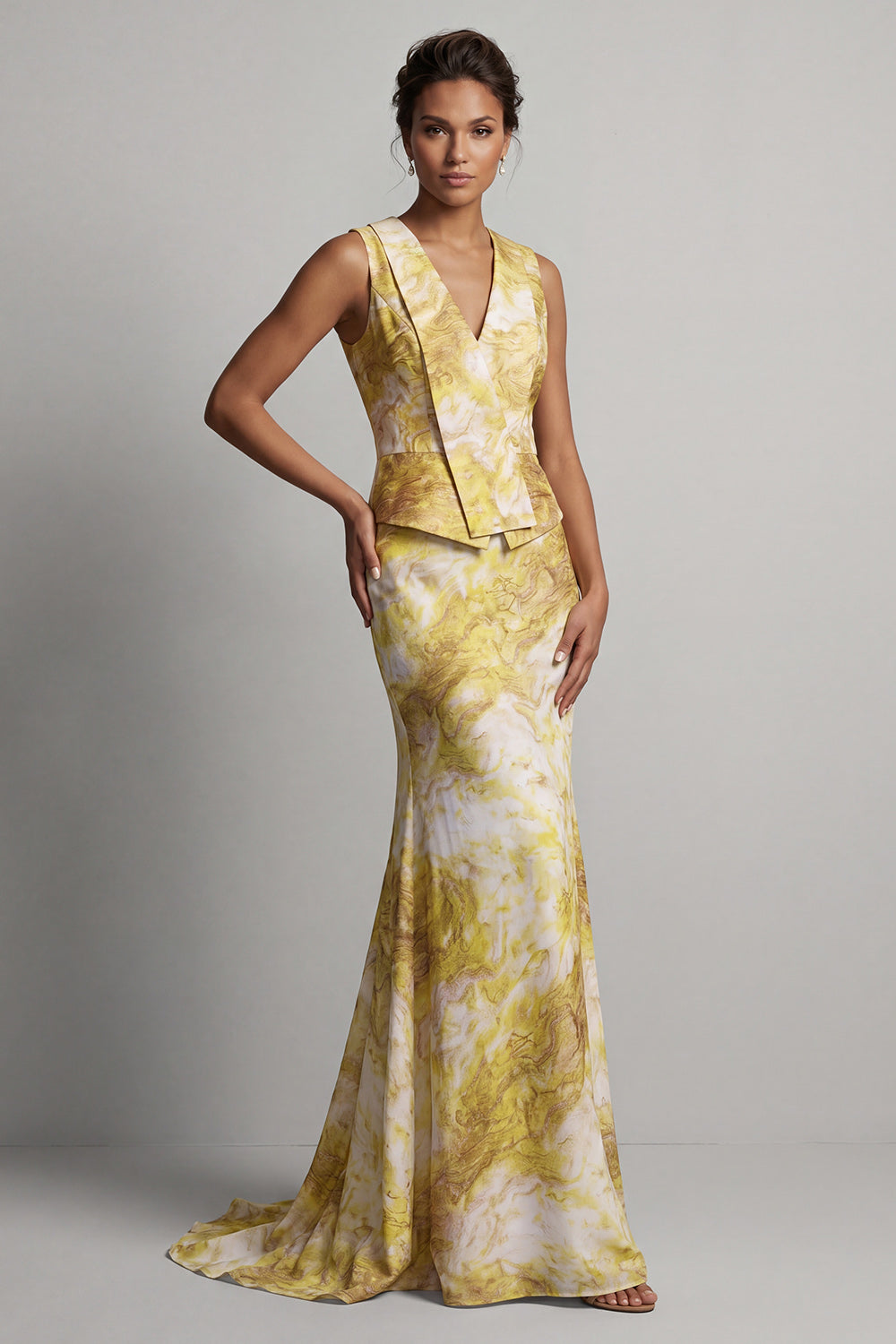 Leely Women Yellow Floral Mermaid Maxi Wedding Guest Dress V-Neck Sleeveless Formal Dress Leely Women Yellow Floral Mermaid Maxi Wedding Guest Dress V-Neck Sleeveless Formal Dress