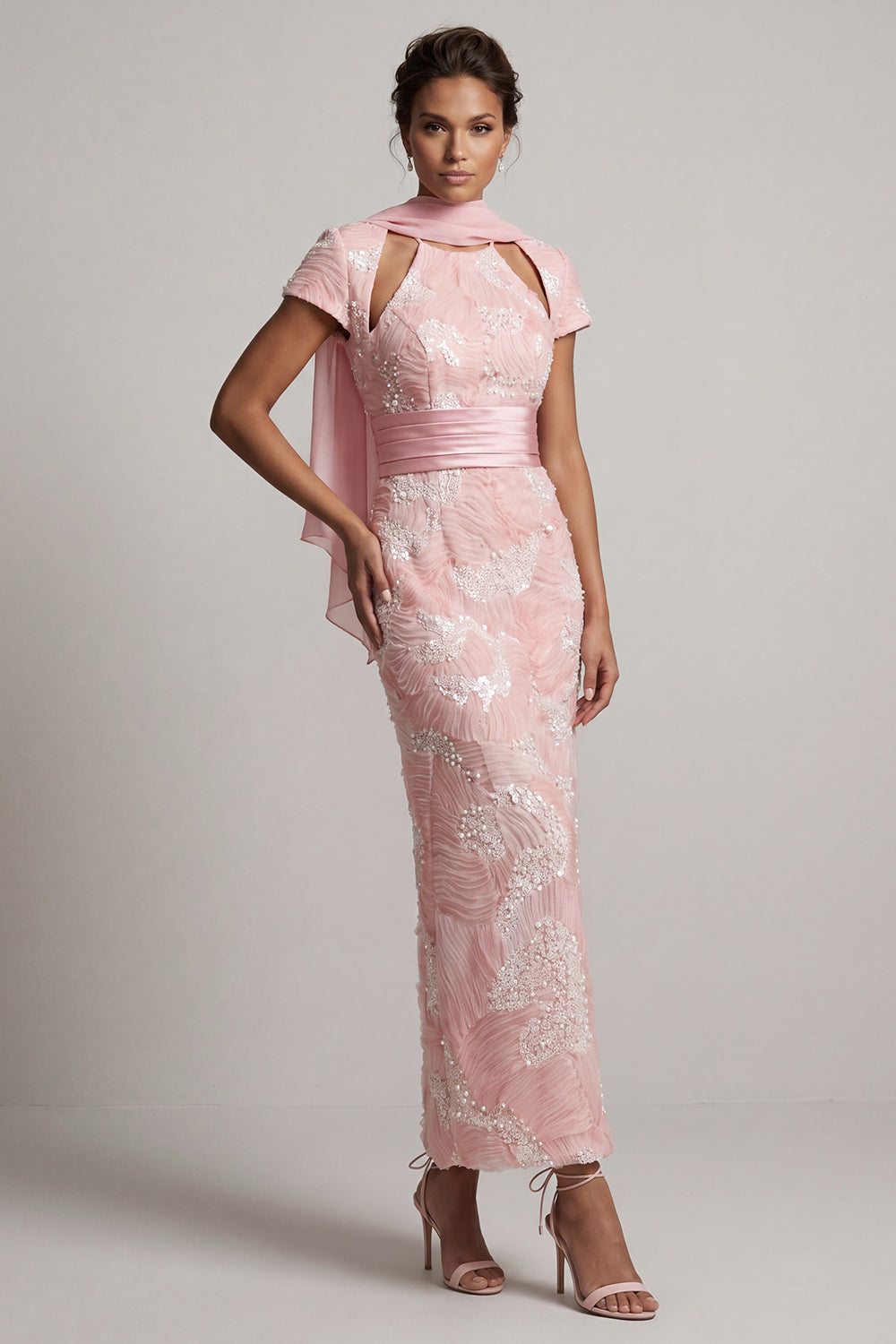 Leely Women Sparkly Blush Floral Sheath Maxi Wedding Guest Dress Beaded Sequins Short Sleeves Garden Party Dress
