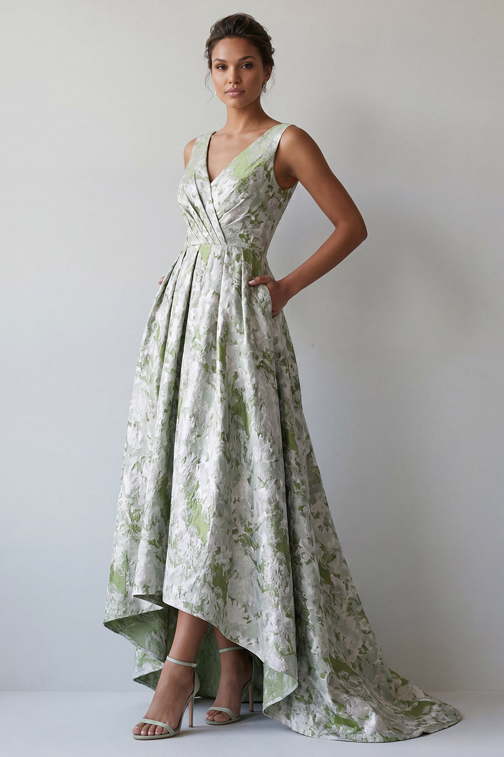 Light Green A Line V-Neck Maxi Floral Formal Dress with Pockets
