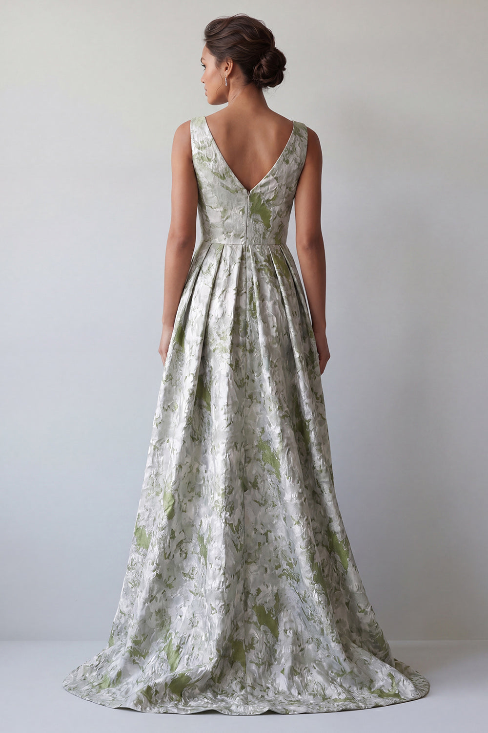 Light Green A Line V-Neck Maxi Floral Formal Dress with Pockets