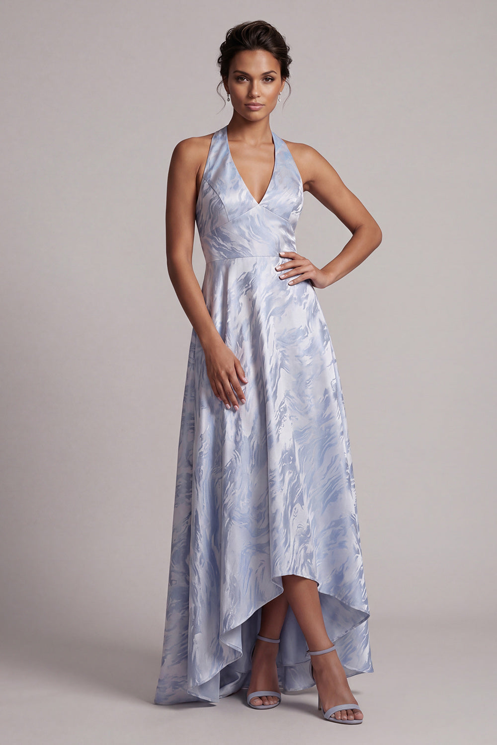 Sky Blue Floral High Low A Line Backless Wedding Guest Dress