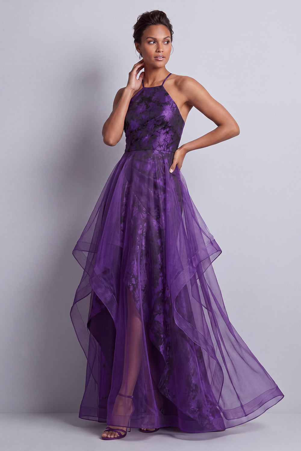 Dark Purple Halter Maxi Floral A Line Formal Dress with Ruffles