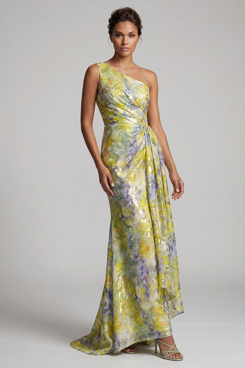 Yellow Mermaid Maxi Floral Ruched Formal Dress with Drape