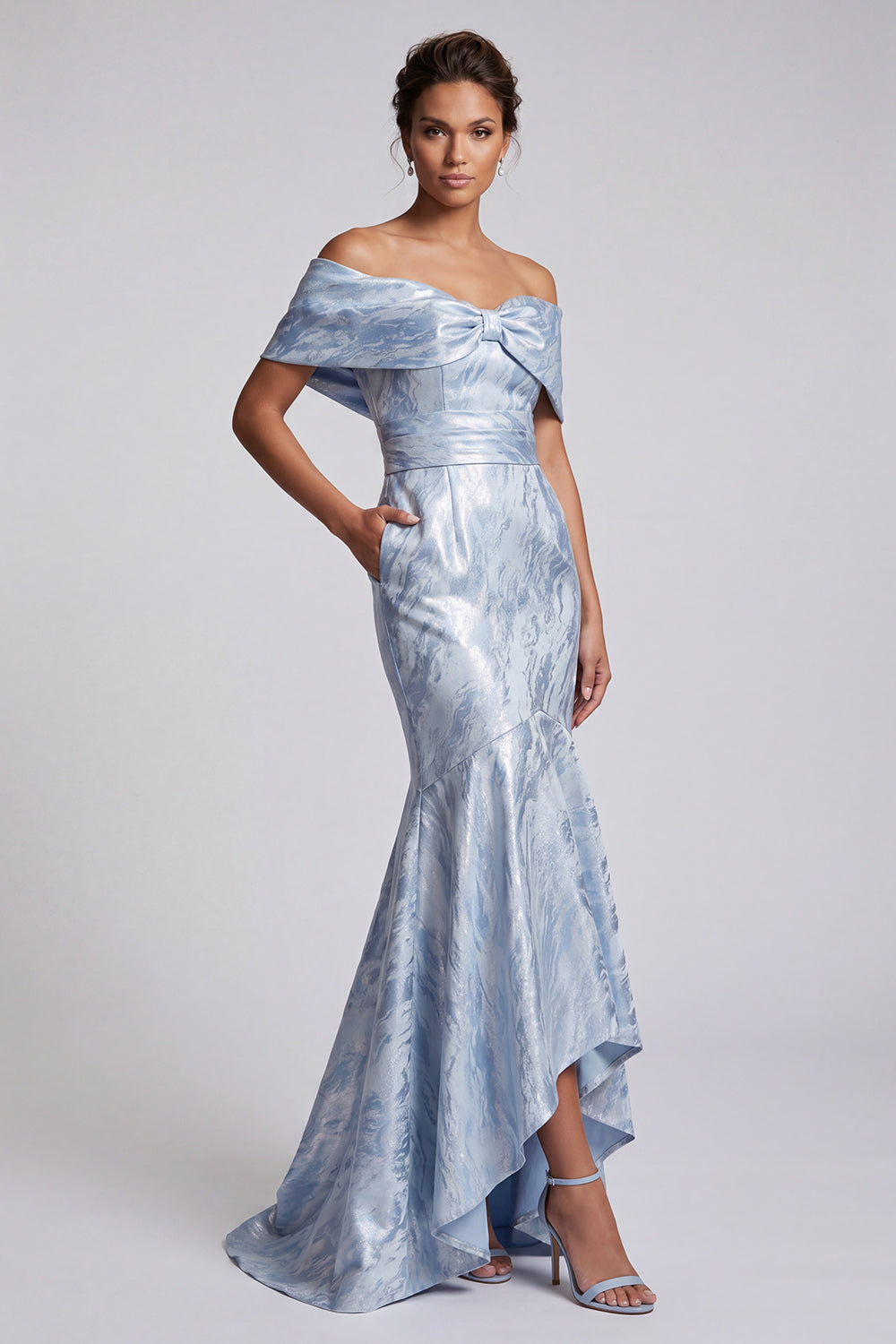 Sky Blue Mermaid Maxi Floral Off the Shoulder Formal Dress with Pockets