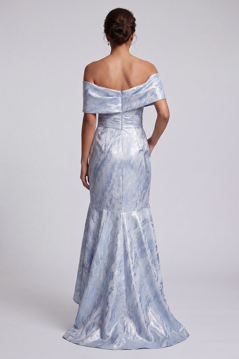 Sky Blue Mermaid Maxi Floral Off the Shoulder Formal Dress with Pockets