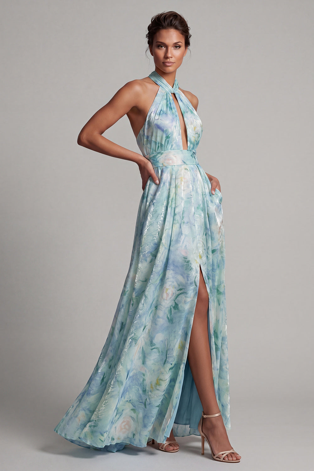 Leely Women Light Green Floral A Line Maxi Wedding Guest Dress with Slit Halter Keyhole Backless Sleeveless Garden Party Dress