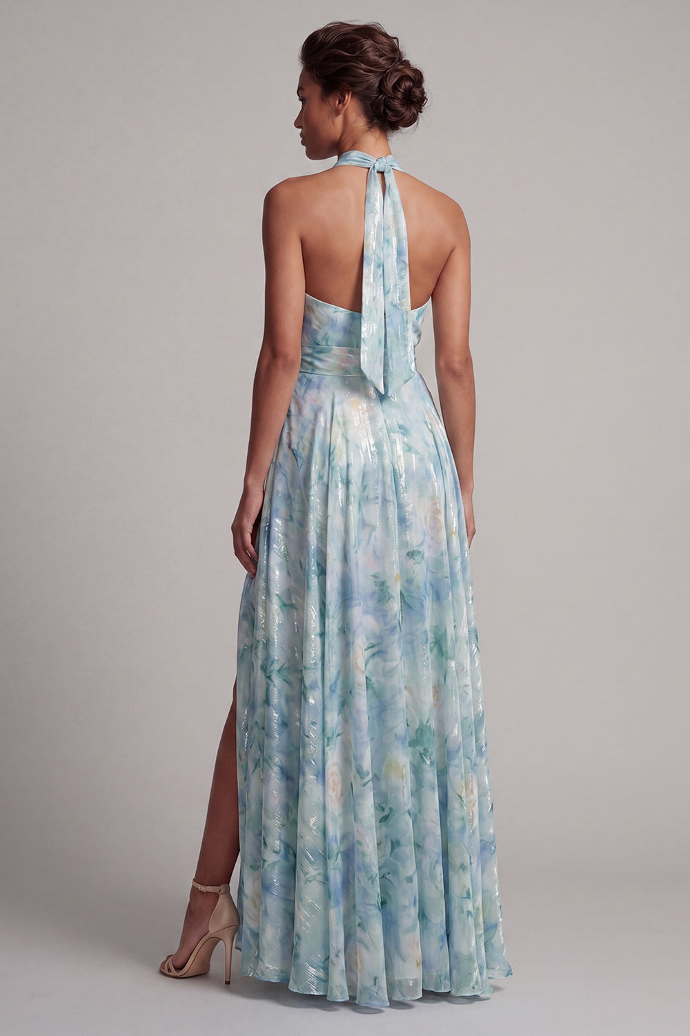 Light Green Halter Keyhole Floral Maxi A Line Wedding Guest Dress with Slit