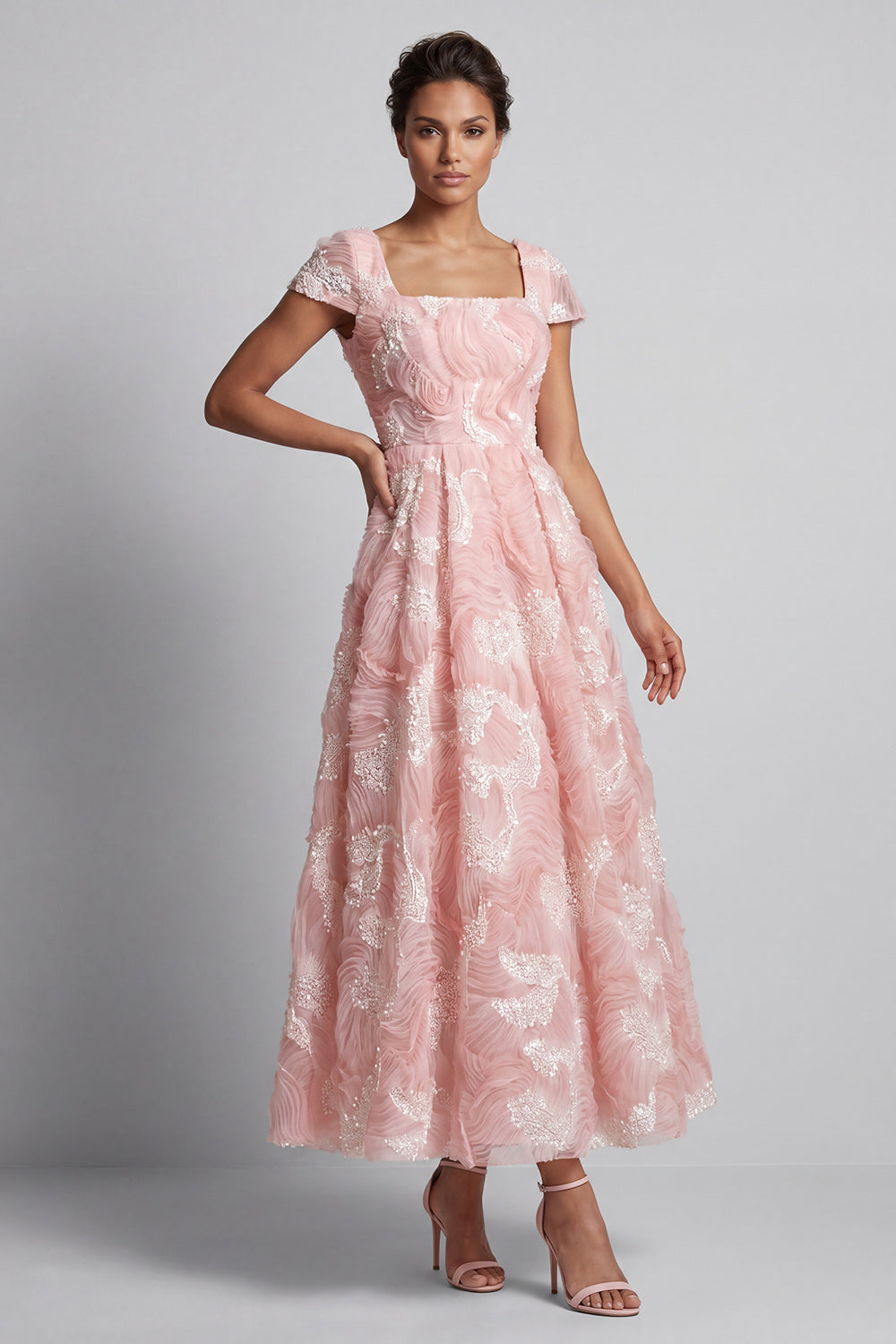 Blush Beaded Square Neck Maxi A Line Wedding Guest Dress with Sleeves