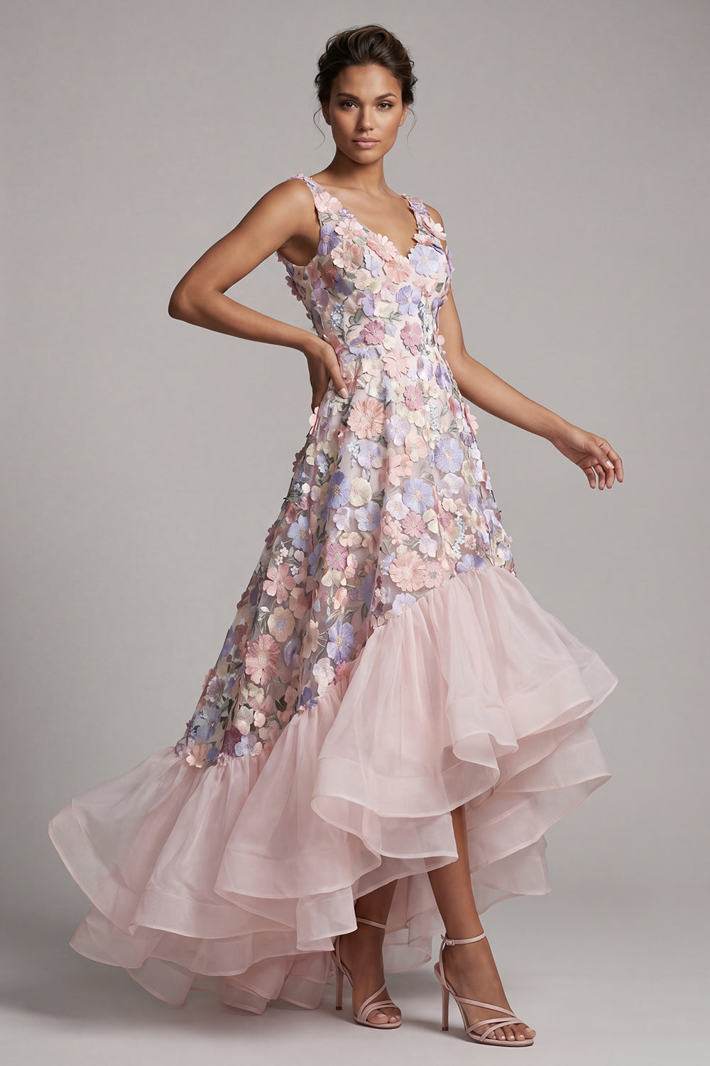 Blush Floral Appliqued Ruffled A Line High Low Wedding Guest Dress