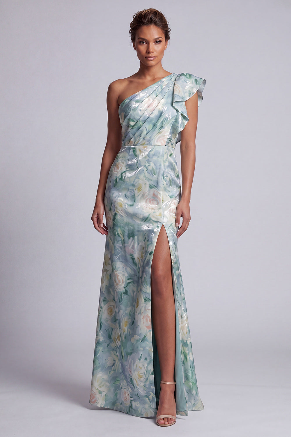 Leely Women Light Green Floral Mermaid Maxi Wedding Guest Dress with Slit One Shoulder Ruffled Sleeveless Garden Party Dress