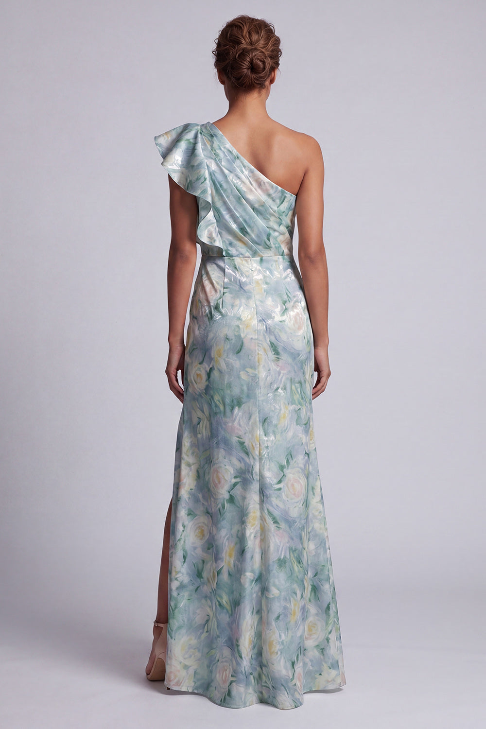Light Green Floral Ruffled Mermaid Maxi Wedding Guest Dress with Slit