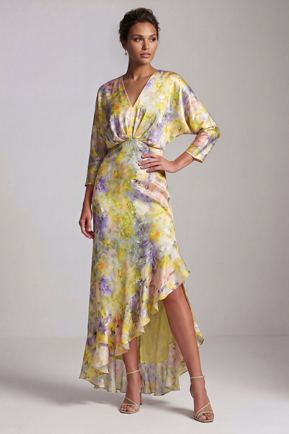 Yellow Floral Ruffled Asymmetrical Wedding Guest Dress with Sleeves