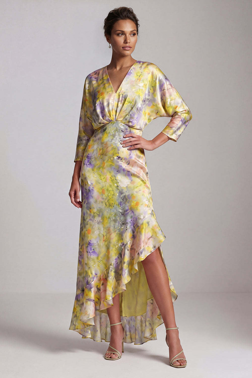 Leely Women Yellow Floral Sheath Asymmetrical Wedding Guest Dress V-Neck Ruffled 3/4 Sleeves Garden Party Dress