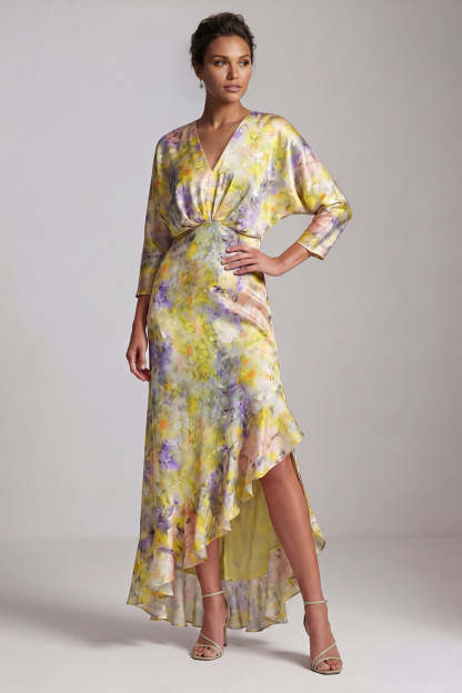 Leely Women Yellow Floral Sheath Asymmetrical Wedding Guest Dress V-Neck Ruffled 3/4 Sleeves Garden Party Dress