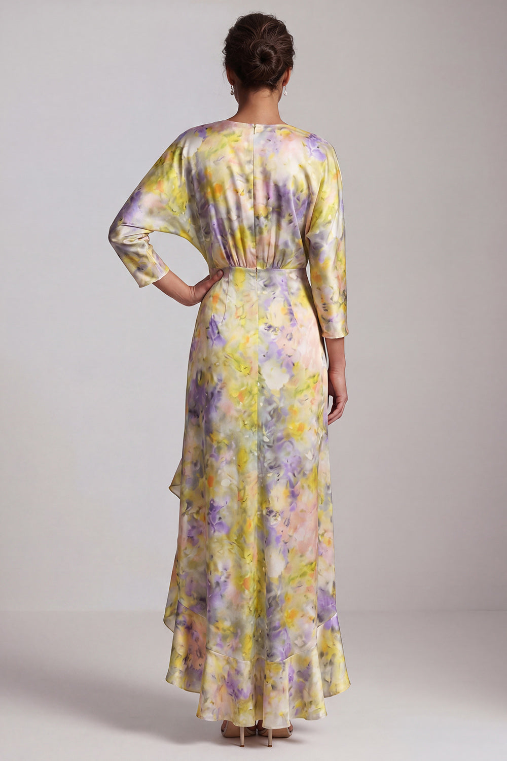 Yellow Floral Ruffled Asymmetrical Wedding Guest Dress with Sleeves