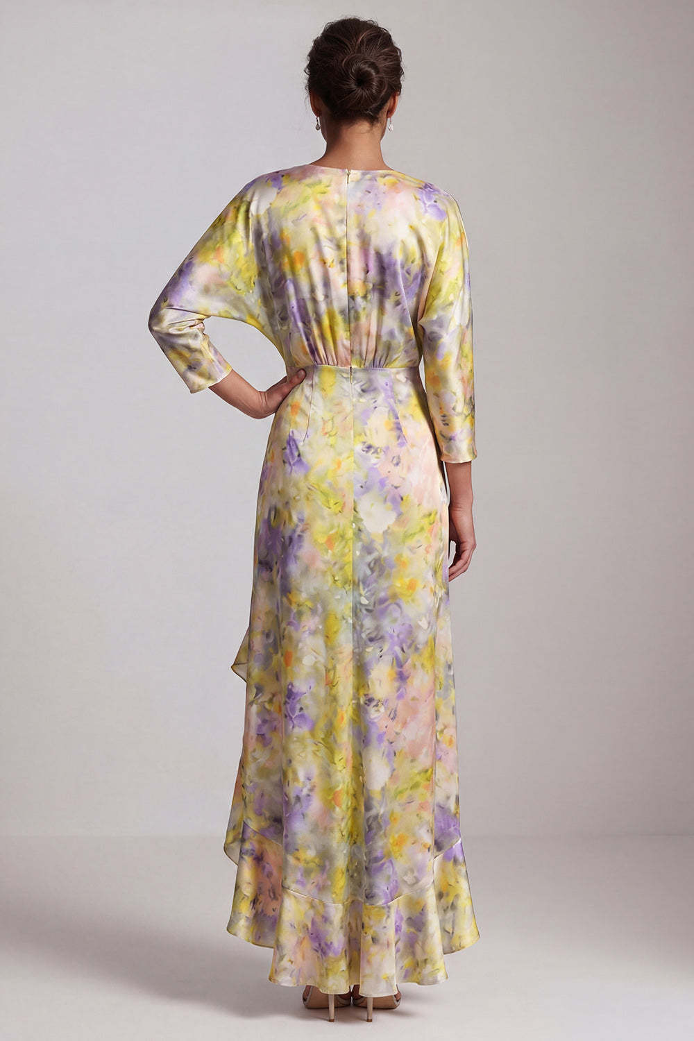 Yellow Floral Ruffled Asymmetrical Wedding Guest Dress with Sleeves