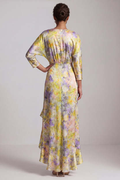 Yellow Floral Ruffled Asymmetrical Wedding Guest Dress with Sleeves