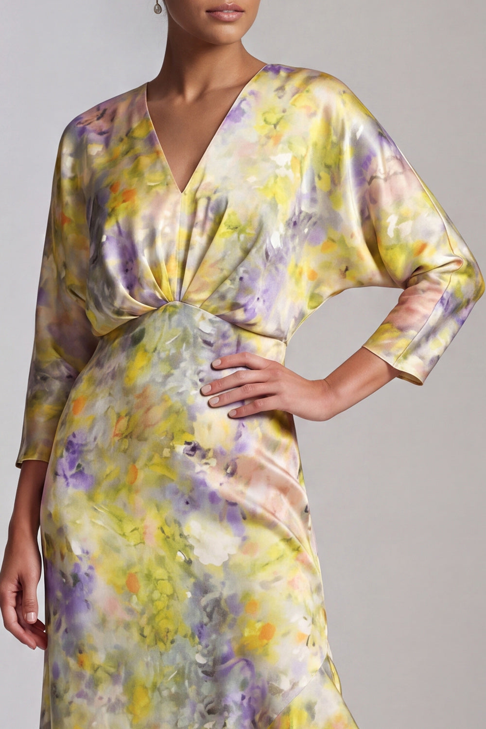 Yellow Floral Ruffled Asymmetrical Wedding Guest Dress with Sleeves