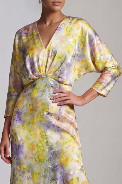 Yellow Floral Ruffled Asymmetrical Wedding Guest Dress with Sleeves