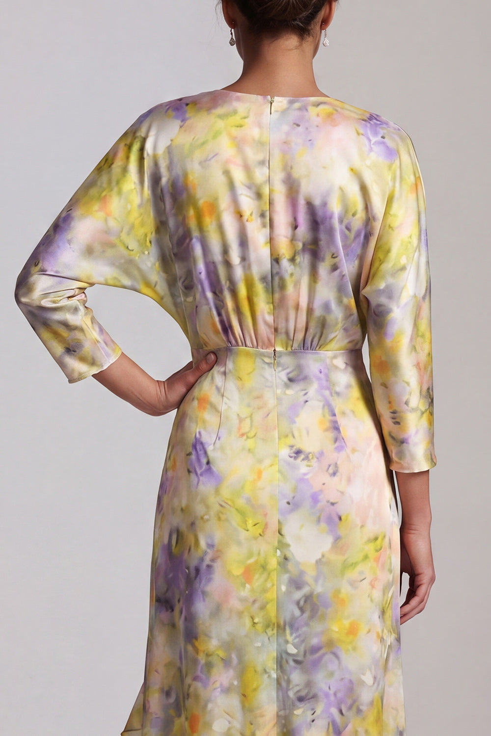 Yellow Floral Ruffled Asymmetrical Wedding Guest Dress with Sleeves