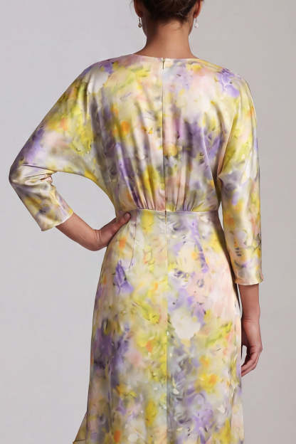 Yellow Floral Ruffled Asymmetrical Wedding Guest Dress with Sleeves