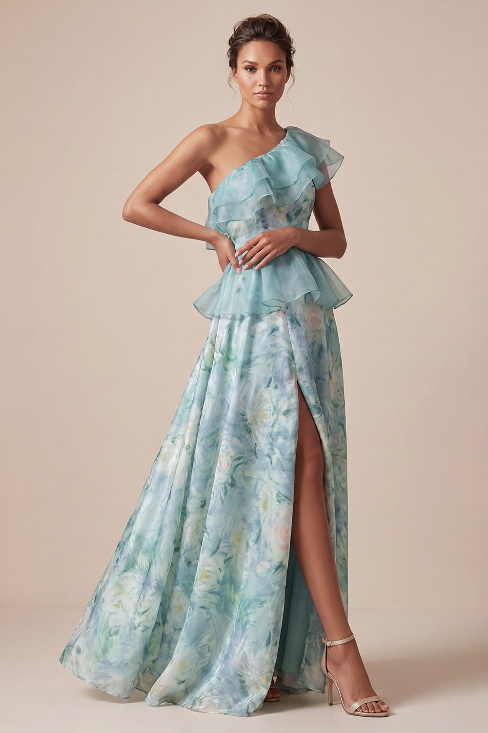 Light Green Floral One Shoulder Ruffled Maxi Wedding Guest Dress with Slit