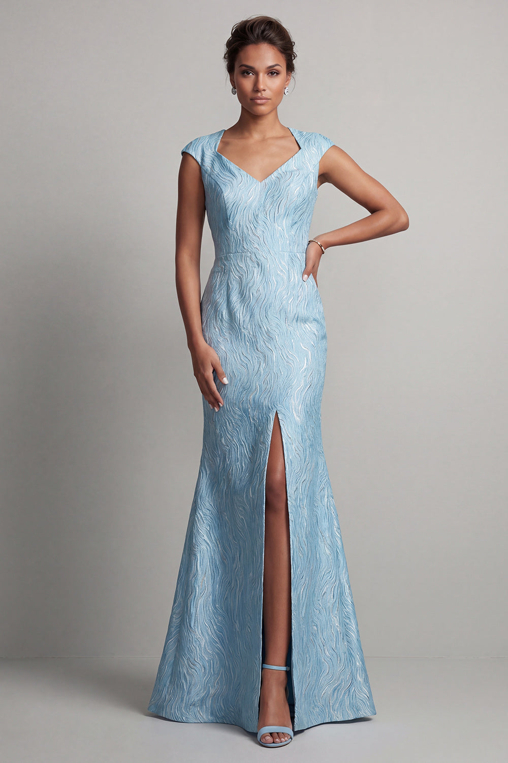 Blue Mermaid Maxi Floral V-Neck Formal Dress with Slit