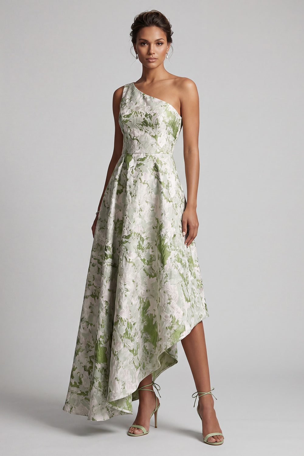 Leely Women Light Green Floral A Line Asymmetrical Wedding Guest Dress One Shoulder Sleeveless Garden Party Dress