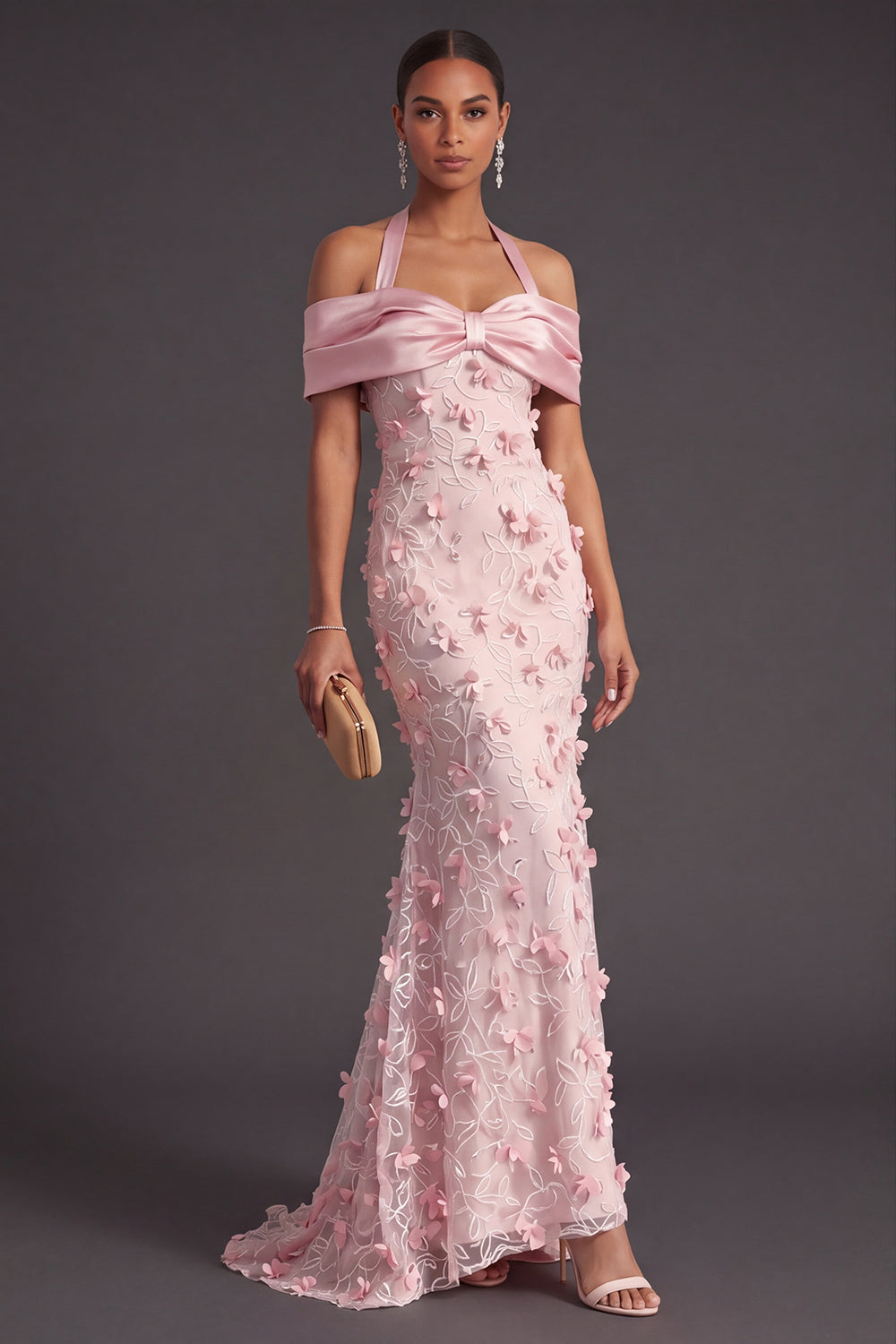 Pink Floral Mermaid Appliqued Long Formal Dress with Satin