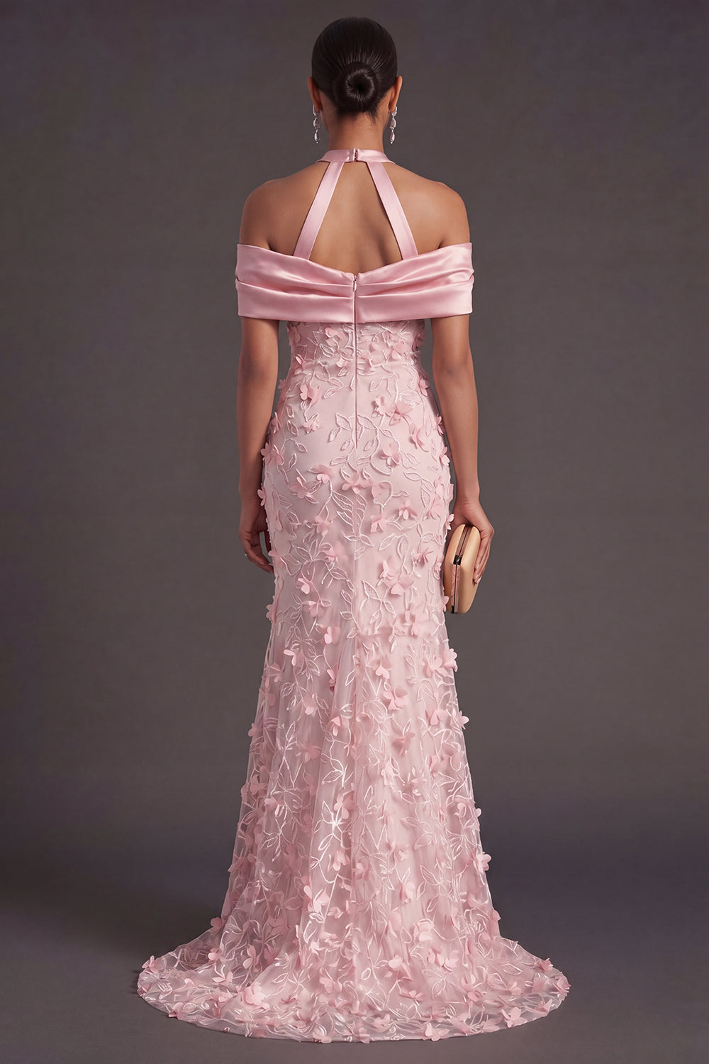 Pink Floral Mermaid Appliqued Long Formal Dress with Satin