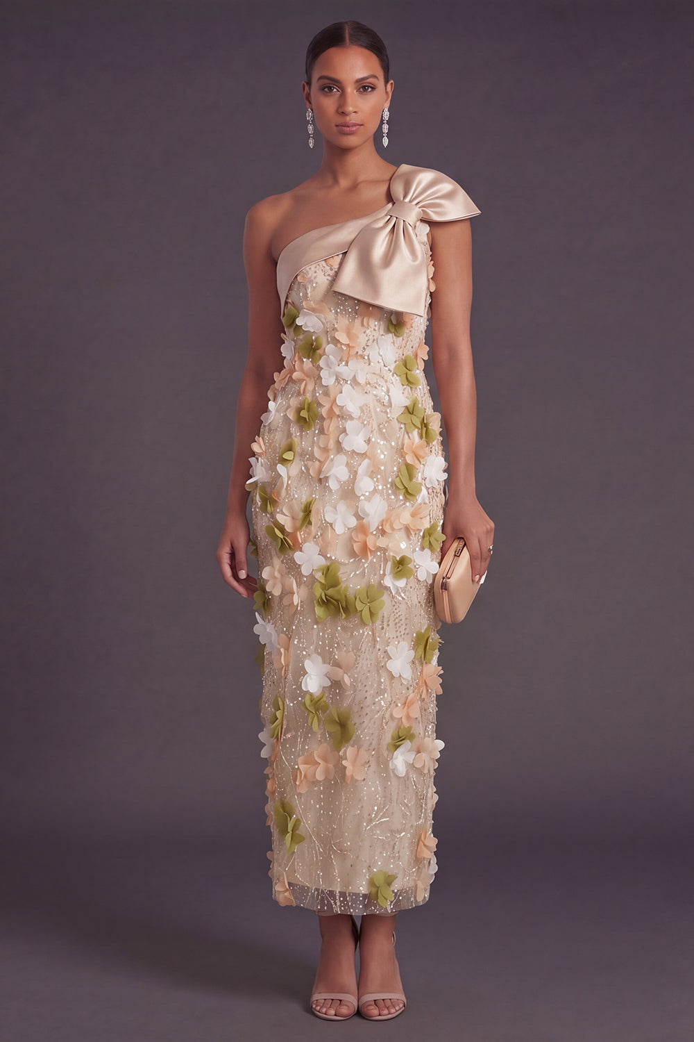 Sparkly Sequined Champagne Floral Sheath Long Formal Dress with Bow