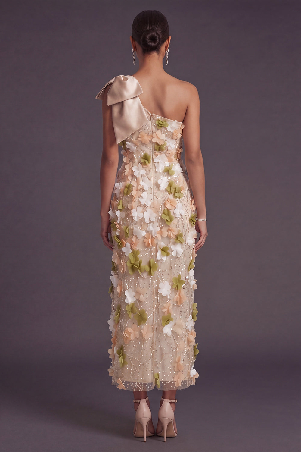 Sparkly Sequined Champagne Floral Sheath Long Formal Dress with Bow