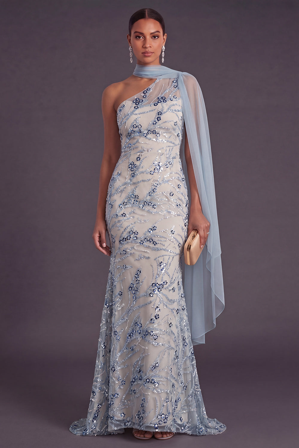 Light Blue Floral Mermaid One Shoulder Sparkly Long Formal Dress with Neck Scarf